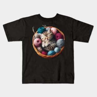 Cute Cat In A Basketful Of Wools Kids T-Shirt